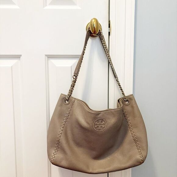 Tory Burch Marion Chain Slouchy Tote Bag French Gray $495.00 FLAW - Picture 2 of 8
